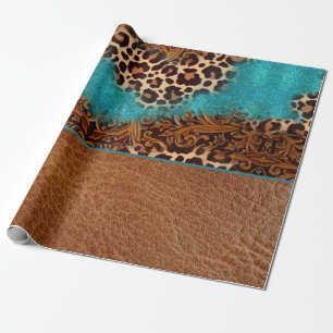 Papier Cadeau Pays Turquoise Leopard Brown Faux Cuir