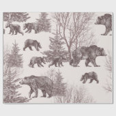 Papier Cadeau Paysage avec ours, oursons, arbres d'hiver et sapi (Plat)
