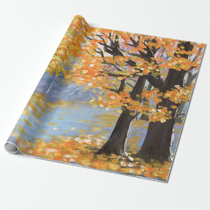 Papier Cadeau Paysage d'automne Gouache. Chute d'or dans un vide