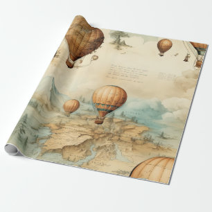 Papier Cadeau Paysage de carte sépia d'un ballon à air chaud ant