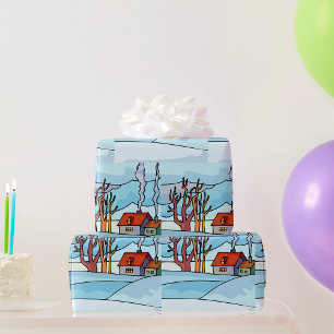 Papier Cadeau Paysage de maison en hiver