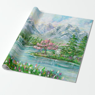 Papier Cadeau Paysage de montagne de printemps. Main acrylique o
