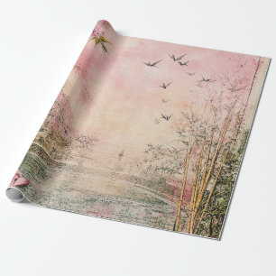 Papier Cadeau Paysage de sérénité aux fleurs de cerisier roses (