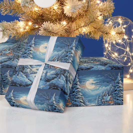 Papier Cadeau Paysage d'hiver Cabane en rondins Pins Rivière (Vacances)