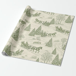 Papier Cadeau Paysage enneigé de Noël rustique hivernal vert crè