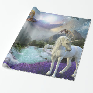Papier Cadeau Paysage Fantastique de Licorne Magique Dragon
