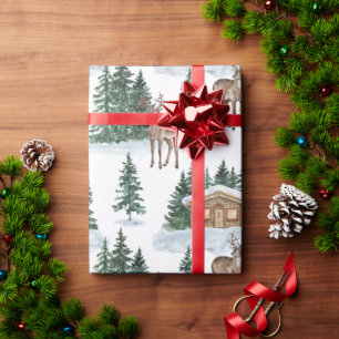 Papier Cadeau Paysage hivernal à l'aquarelle Noël grange rustiqu