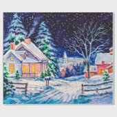 Papier Cadeau Paysage hivernal enneigé. Maison de campagne. Noël (Plat)