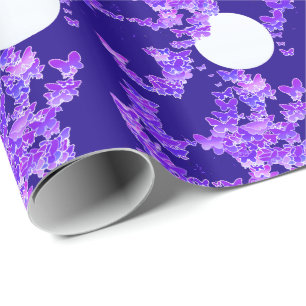 Papier Cadeau Paysage lunaire avec papillons - lilas, bleu foncé