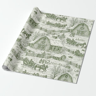 Papier Cadeau Paysage Toile de Vert Hiver de Campagne Française