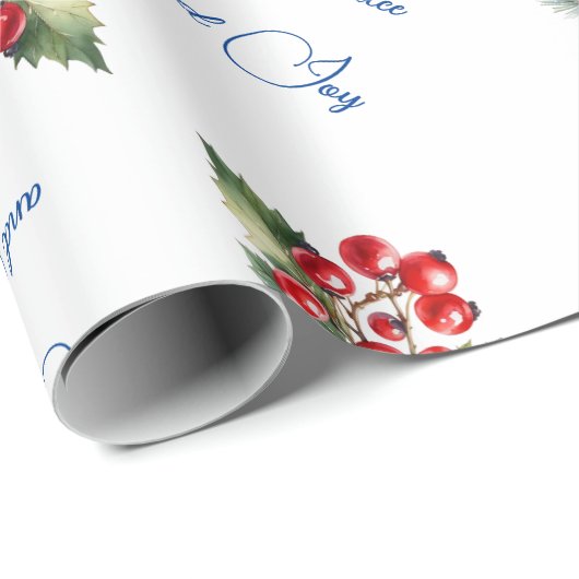 Papier Cadeau Peace & Joy Joyeux Noël Baies rouges en blanc (Coin rond)