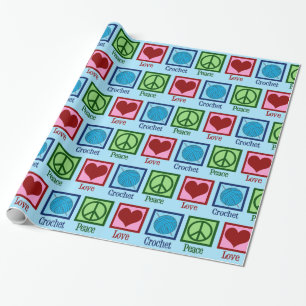 Papier Cadeau Peace Love Crochet Cute Blue Yarn Motif