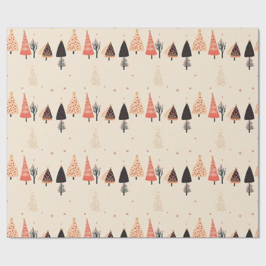 Papier Cadeau Peach, Black Polka Dot Trees with Snowflakes (Plat)