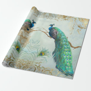Papier Cadeau Peacock n Plumes Pair Blue Gold Decoupage