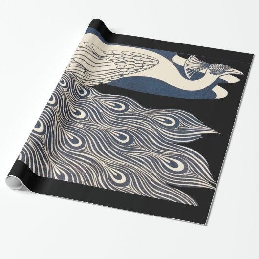 Papier Cadeau Peacock Vintage Bleu Art Nouveau (Déroulé)