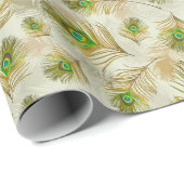 Papier Cadeau Peacocks plumes aquarelle vert (Coin rond)