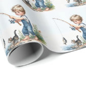 Papier Cadeau Pêche Garçon Avec Kitten (Coin rond)