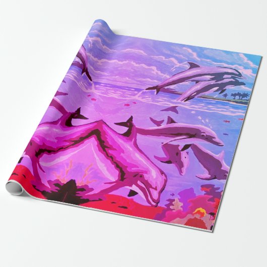 Papier Cadeau Peint à la main sur numéros | Dauphins joueurs | (Déroulé)
