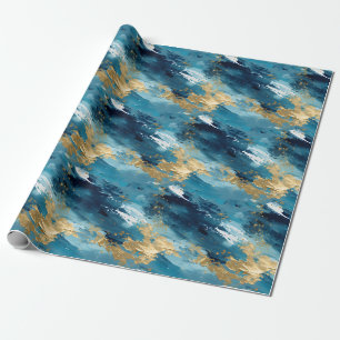 Papier Cadeau Peinture Abstraite Bleue, Blanche et Dorée