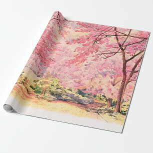 Papier Cadeau Peinture aquarelle paysage rose fleur rouge rose d