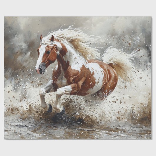 Papier Cadeau Peinture Cheval Traversant La Découpage De L'Eau (Plat)