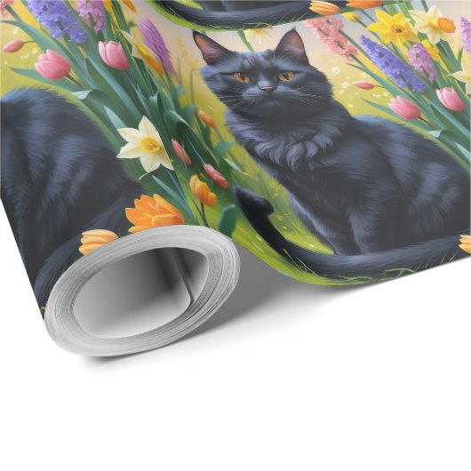 Papier Cadeau Peinture de fleurs de printemps de chats noirs (Coin rond)