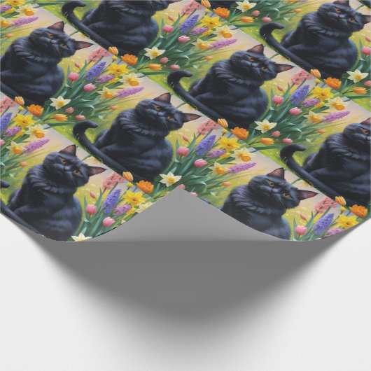 Papier Cadeau Peinture de fleurs de printemps de chats noirs (Coin)