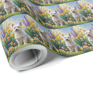 Papier Cadeau Peinture de fleurs de printemps de chien Terrier T