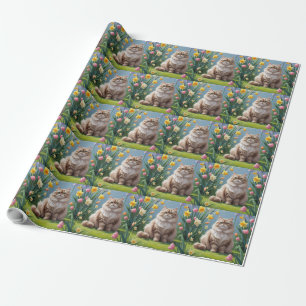 Papier Cadeau Peinture de fleurs printanières de chat persan
