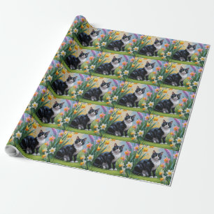 Papier Cadeau Peinture de fleurs printanières de chat smoking 
