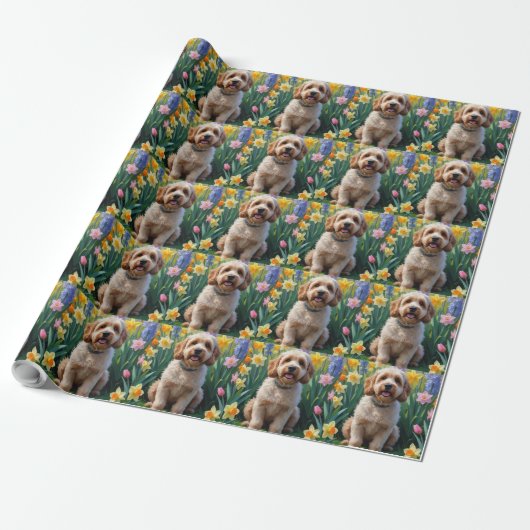 Papier Cadeau Peinture de fleurs printanières de chien Cockapoo (Déroulé)