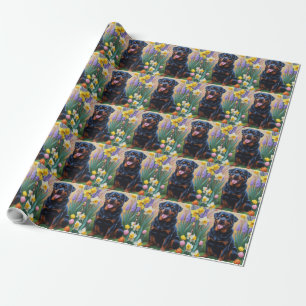 Papier Cadeau Peinture de fleurs printanières de chien Rottweile