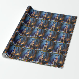 Papier Cadeau Peinture de Halloween fantaisiste de chien Blue He