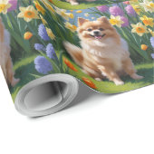 Papier Cadeau Peinture de printemps de chien de Poméranie (Coin rond)