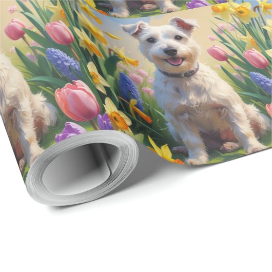 Papier Cadeau Peinture de printemps de chien de Terrier Wirefox (Coin rond)