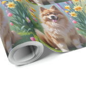 Papier Cadeau Peinture des fleurs de printemps de chien Keeshond (Coin rond)