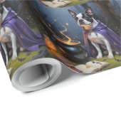 Papier Cadeau Peinture d'Halloween de Boston Terrier Chien blanc (Coin rond)