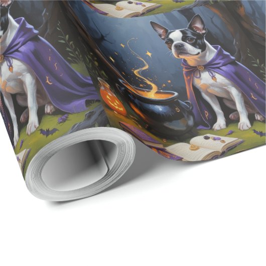 Papier Cadeau Peinture d'Halloween de Boston Terrier Chien blanc (Coin rond)