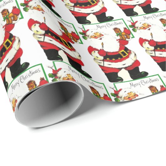 Papier Cadeau Peinture du Père Noël de Noël Cheval Jouet Rétro  (Coin rond)