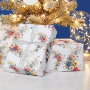 Papier Cadeau Peinture florale à l'aquarelle Cadeau élégant Aqua