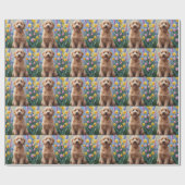Papier Cadeau Peinture Goldendoodle Chien Fleurs de printemps (Plat)