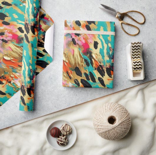 Papier Cadeau Peinture léopard rose turquoise (Artisanat)