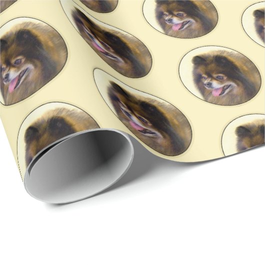 Papier Cadeau Peinture Poméranienne Noir et Tan Art Chien origin (Coin rond)