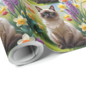 Papier Cadeau Peinture Siamese Chat Fleurs de Printemps (Coin rond)
