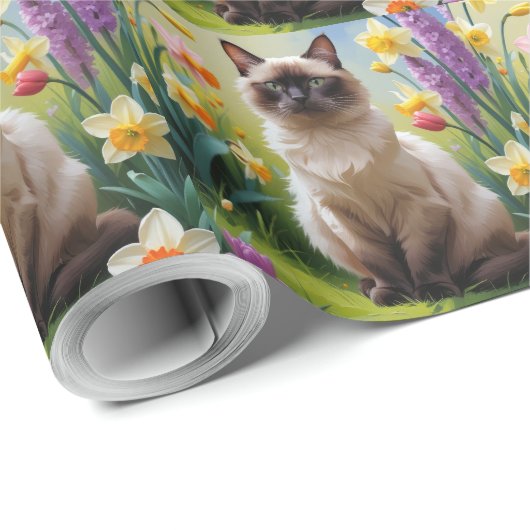 Papier Cadeau Peinture Siamese Chat Fleurs de Printemps (Coin rond)