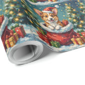 Papier Cadeau Pembroke Welsh Corgi Christmas Santa Bag Adventure (Coin rond)