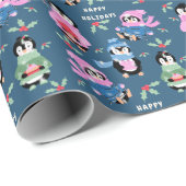 Papier Cadeau Penguin Holiday Crew Pattern Blue Wrapping Paper (Coin rond)