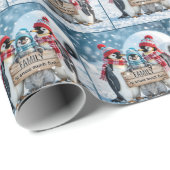 Papier Cadeau Penguins de famille de Noël avec un panneau en boi (Coin rond)