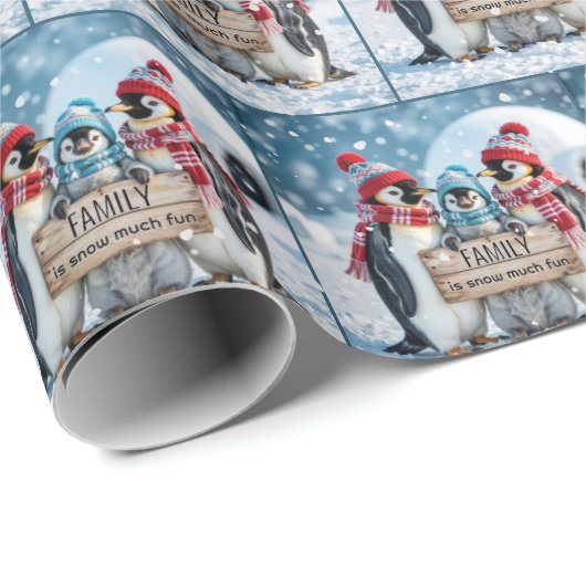 Papier Cadeau Penguins de famille de Noël avec un panneau en boi (Coin rond)