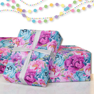 Papier Cadeau Peonies Bleu Rose Magenta Belle Rouleau de